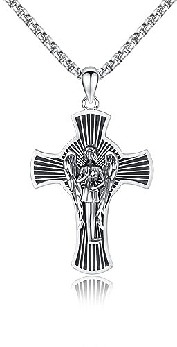 YueYuan St. Gabriel Halskette für Männer 925 Sterling Silber Erzengel Gabriel Kreuz Anhänger St.Gabriel Medaille Schutzengel Christliches Amulett Schmuck Geschenk für Männer