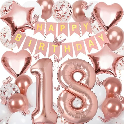 Decorazioni per 18° compleanno per ragazze, oro rosa 101 cm, numero 18 palloncini di compleanno con striscione di buon compleanno e adesivi a farfalla