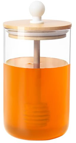 GIVAMEIHF Tarro de miel de vidrio de 12 onzas con cuchara, recipiente de miel con cucharón de miel de madera, tarros de miel con tapas, olla de miel, dispensador de miel ideal para miel y jarabe