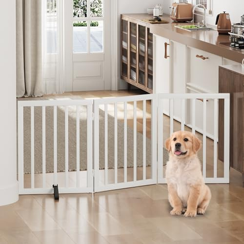 Freistehende Hundegitter für Türen, Faltbares Hundegitter Innen, Haustiergitter für Türen Schlafzimmer, Welpengitter mit Metallstützfüßen, Raumteiler 3 Paneele (Weiß)