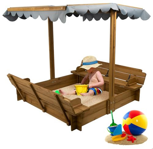 PetsCosset Sandkasten aus Holz mit Deckel, Kinder Sandkasten mit Abdeckung Outdoor, Sandkasten mit 2 faltbaren Sitzbank für Hinterhof (119,4 x 119,4 cm), UV-beständig & höhenverstellbar Dach, Geschenk
