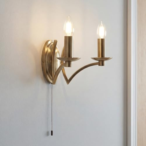 Licht-Erlebnisse Wandlampe mit Schalter in Messing Antik B: 31 cm Metall 2-flammig E14 Modern Wandleuchte Wohnzimmer Flur