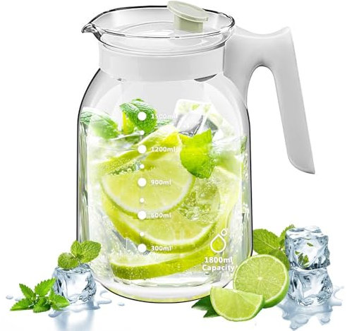 Jarra Agua Cristal 1,8L con Filtro, Gran Capacidad para Bebidas de Verano, Vidrio sin BPA, Pico Anti-Goteo, Mango Ergonómico, Ideal para Té de Frutas, Limonada
