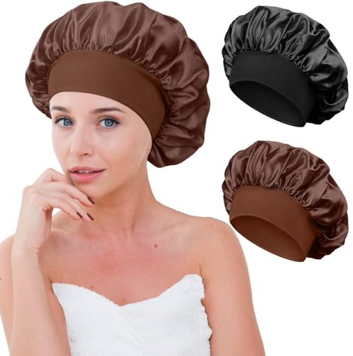 KUAOWT Seidenhaube zum Schlafen, 2 Stück Silk Bonnet Sleep Cap Verstellbar Schlafhaube Seide, Atmungsaktive Schlafmütze Damen Mädchen Satin Haarhaube für die Nacht Haare Schützen (Kaffee, Schwarz)