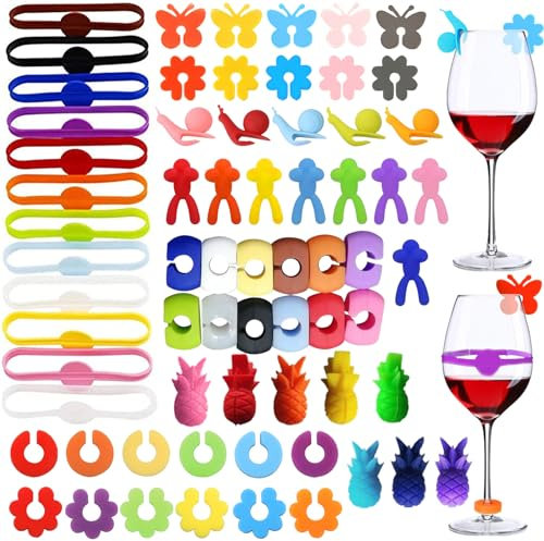 DKDDSSS 67 PCS Wine Glass Markers, Silicone Drink Markers, Wine Glass Identifier, Silicone Wine Marker Reusable, for Cup Champagne Cocktail Bottles Wedding Party Favor