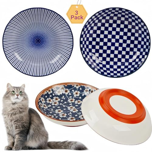 ZYUTONG Katzennäpfe aus Keramik mit rutschfester Unterseite, strapazierfähig, flach, Schnurrhaart- und spülmaschinenfest, hochwertige glänzende Glasur, 3 Stück (verbesserter Silikonring)