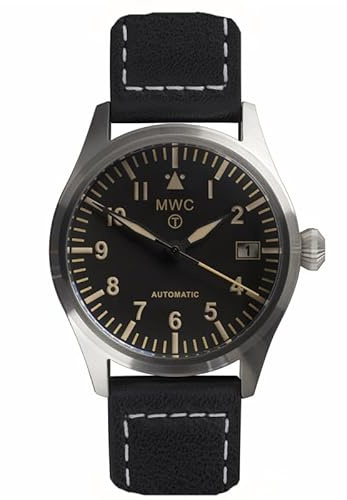 MWC Classic 40 Aviator Automatikuhr Stahl Schwarz Datum Leder Saphir Militär Herrenuhr, Schwarz , Armband