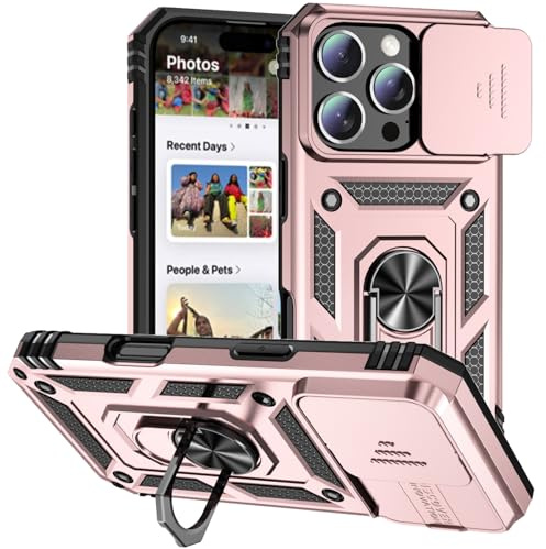 Hitaoyou Phone Case for iPhone 16 Pro, iPhone 16 Pro Case with Camera Cover & Kickstand Military Grade Shockproof Heavy Duty Protective with Magnetic Car Mount Holder Cover Rose Gold