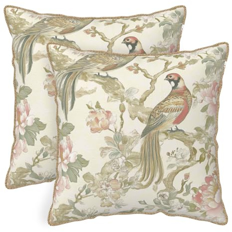 Zierkissenbezüge im Vintage-Stil, Vogel, weicher Samt, 50,8 x 50,8 cm, cremefarben, 50,8 x 50,8 cm, Retro-Kissenbezüge im Bauernhaus-Stil, mit goldfarbenem Rand, für Sofa, Couch, Heimdekoration