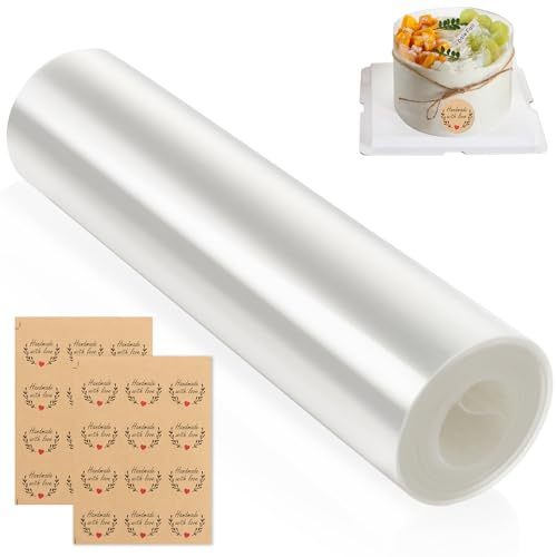 ASelected Tortenrandfolie 20 CM x 10 M Acetat Kuchenstreifen Transparent Acetat Rolle mit Aufklebern Wiederverwendbar für Tortendeko Schokolade Mousse Kuchen Dessertringe
