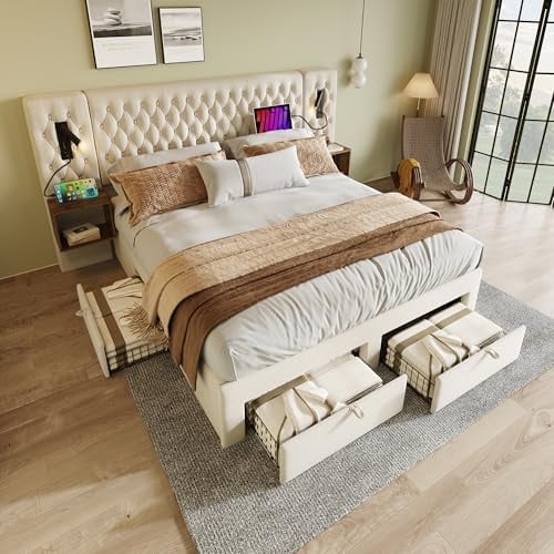 Bettanlage Schlafzimmer Komplett Set, Polsterbett Doppelbett Stauraumbett 160×200 cm mit 2 Nachttischen&4 Schubladen, Extrabreiter Kopfteil mit Leselicht&USB Ladefunktion, Samt, Ohne Matratze, Beige