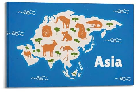 Poster decorativo da parete con mappa dei cartoni animati dell'Asia, poster decorativo su tela e stampa artistica moderna per camera da letto, poster decorativo per camera da letto (20 x 30 cm)