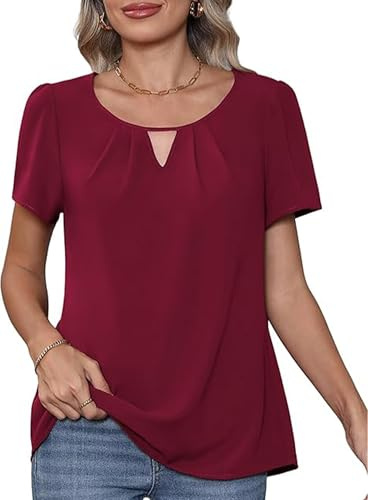 YGJIEGENG Womens Summer Tops, Short Sleeve Blouses, Wine Red, L