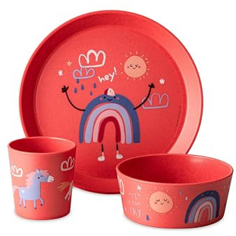 Koziol CONNECT DREAMS Kindergeschirrset 3teilig | kleiner Teller + Schale + Becher | für Kinder ab 6 Monate | biozirkulärer Kunststoff, bruchfest, spülmaschinengeeignet (organic coral red)