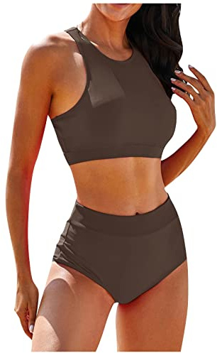 Generisch Bikini Damen Set Bauch Weg High Waist Badeanzug Damen Sport Bauchweg Push Up Bademode Bustier Zweiteilig Triangel Bikinis Frauen Hochgeschlossen 2 Teilig Bikini-Sets Hohe Taille Swimsuits