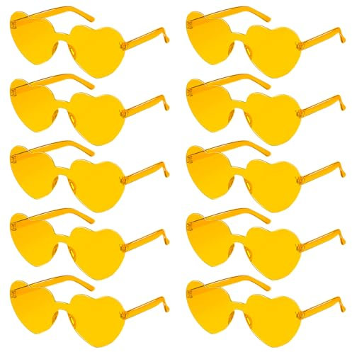 SelfTek Lunettes Cœur, 10 Paires Lunettes en Forme de Cœur, Lunettes De Soleil Coeur, Lunette Soiree de Fête pour Anniversaire, Mariage, Carnaval, Accessoires Photo pour Femmes, Hommes(Jaune)