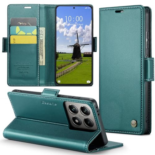 Rerzoiro Coque pour Xiaomi 14T Pro, Étui Housse en RFID Protection Premium PU Cuir Portefeuille Rabat Case Magnétique Stand Antichoc, Étui Case pour Xiaomi 14T Pro, Bleu Vert