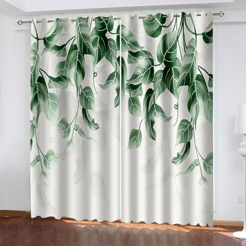 Lirzxin Lichtdichte Vorhänge 244 cm Lang, Gardinen Lichtundurchlässig mit Ösen 2er Set Grau Grün Blätter Muster Vorhang für Wohnzimmer Schlafzimmer Kinderzimmer Jugendzimmer, 152x244 cm(BxH)
