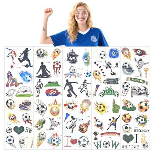 YIMETOP Fußball Tattoo 10 Blätter, Tattoo Kinder, Fußball Sticker Tattoo, Temporäre Tattoos für Jungen Mädchen, Tattoo Kindergeburtstag Mitgebsel Fußball Party