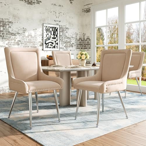 LUTUTU Hochwertige Samt Stoff Esszimmerstühle (2 Stück), Make-up Stuhl, Galvanisierte Silber Eisen Beine, Einzigartiges Design Licht Luxus Stühle, Beige, Verstellbare Beine
