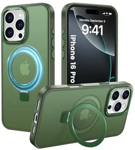 PuyaTeya Magnetic Stand for iPhone 16 pro Case, Compatible with Magnetic, Military Drop Protection, Anti-scratch/fingerprint Translucent Matte iPhone 16 pro Phone Case(Green) | Scratch-resistant, fingerprint-resistant, non-slip and shockproof [translucent mat] mobile phone case for iPhone 16 Pro