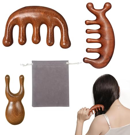 Massagekopf aus Holz, runde Spitzen, Kopfhautmassagegerät aus Bambus zur Kopfentspannung, natürliches Gua-Sha-Werkzeug, antistatischer Detox-Kamm mit breiten Zähnen für Haarwachstum und Stressabbau, 3