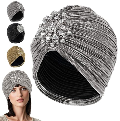 LUKIUP Damen Turban Hut, 1920s Turban mit Kristall Brosche Exotisch Indischer fur Damen Fasching Kostüm Accessoires Party Geburtstagsfeier Halloween Karneval