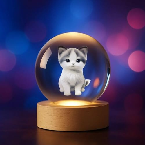Plexido 3D Kristallkugel LED mit Tieren – Deko-Licht aus Glas mit Holzsockel – Tiermotive – Geschenkidee für Tierliebhaber (Katze 3)