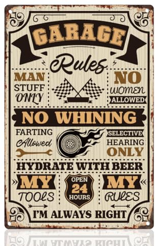 DOODLREAM Funny Garage Rules Tin Sign Vintage Wall Decor 20 x 30 cm My Tools My Rules Metal Sign for Home Man Cave Garage Workshop Cafes Bars Decor Gift for Man Husband