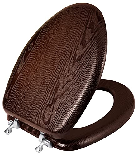 Elongated Toilet Seat Heavy Duty, Veneer Natural Standard Wooden Toilet Seat,Dark Walnut Toilet Seat Elongated, Wood Oval Toilet Lid with Chrome Hinges
