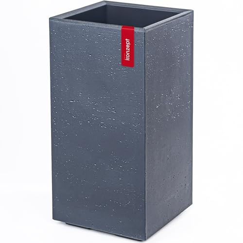 KONZEPT Pflanzkübel groß hoch in Beton-Optik mit Rollen und Drainage, 28,6 x 28,6 x 59,4 cm – für innen & außen, Anthrazit