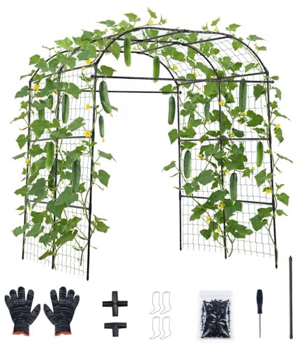 VEVOR Treillis à Concombres Forme Arche Treillis de Jardin Métal Support Plante Grimpante Extérieur pour Vignes, Pois, Haricots, Courgettes, Tomates, Fleurs, Revêtement Plastique PE, 181x165x210 cm