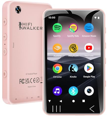 HIFI WALKER G7 Reproductor MP3 Bluetooth y WiFi Android 13, 144GB, 3GB RAM, Pantalla Táctil HD de 4, MP3/MP4 con Altavoz, Cámara y Control Parental (Rosa)