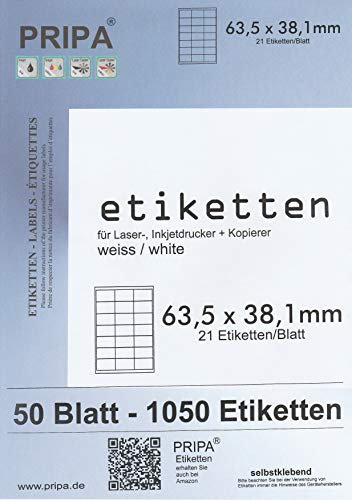 pripa - Etiketten 63,5 x 38,1-21 Stueck auf A4-50 Blatt DIN A4 selbstklebende Etiketten DHL Post