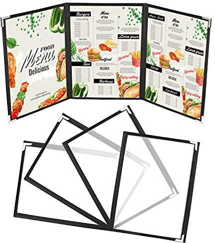 Kurtzy 5 STK DREI Doppelseitige Faltbare A5 Menükartenhalter - Menükarten im Amerikanischen Stil - Schwarze Menükarten mit Edelstahl Eckenschutz - Für Restaurants, Bars, Cafés, Speisen und Getränke
