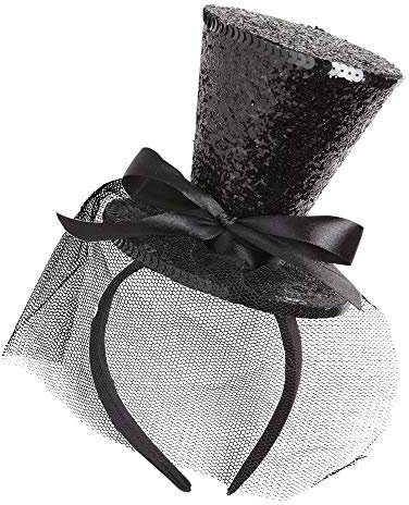 W WIDMANN MILANO Party Fashion - Haarreif Mini Zylinder Glitter, mit Schleife und Schleier, Hut, Accessoire, Karneval