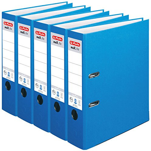 HERLITZ Ordner maX.file nature+ A4 8cm | Kraftpapierbezug selbstklebendes Rückenschild | 5er Sparpack in diversen Farben zur Auswahl (Blau, breit 8cm | 5er Pack)