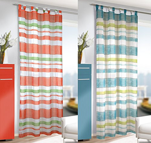 Bezaubernde Gardine Dekoschal Schlaufenschal mit Gardinenband  BRIGHT COLOURS  mit wundervollen breiten Streifen verziert - transparente Optik - luftig und leicht - Fertiggardine - Größe 135 cm x 245 cm - ein BLICKFANG in Ihrem Wohnbereich - aus dem KAMACA-SHOP (BLAU /GRÜN)