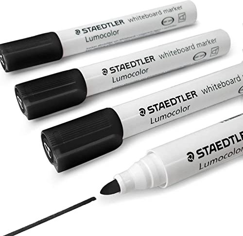 Staedtler Lumocolor Whiteboard-Marker 351 – trocken abwischbarer Korrekturstift – Rundspitze – Packung mit 4 x schwarz