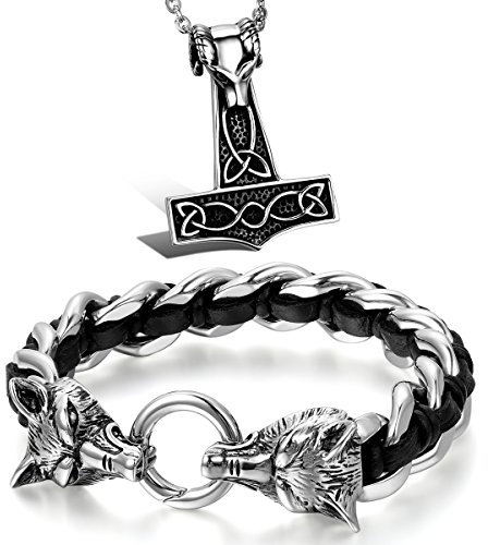 Aroncent Herren Armband Wolf Kette Lederarmband Vintage Armreif Leder Wickelarmband Edelstahl Armband Gotik Halskette Anhänger Hammer Panzerarmband für Herren, Schwarz, Silber