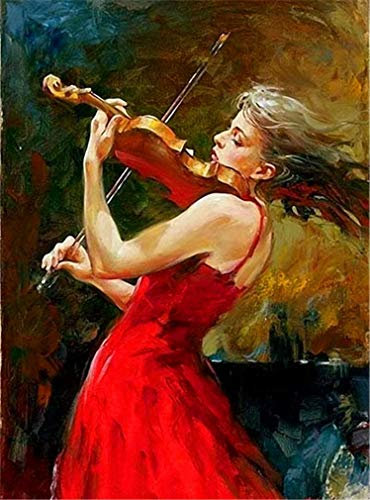 YEESAM ART Peinture Numero filles dans une robe rouge violoniste, Bricolage Peinture par Numero 40x50 cm Acrylique Decoration Murale