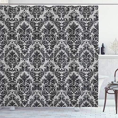 ABAKUHAUS Barock Duschvorhang, Weinlese-Spitze-Art, Stoffliches Gewebe Badezimmerdekorationsset mit Haken, 175 x 220 cm, Schwarz Weiß
