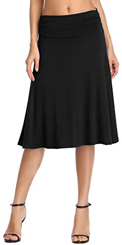 Urban CoCo Women's Ruched High Waist Knee Length Jersey A-Line Stretchy Flared Casual Skirt (XL, Black)