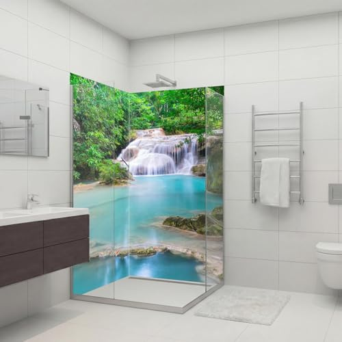 Dedeco 2x Premium Bad Duschrückwand mit Motiv: Wasserfall V7, 90x200cm, wasserfest, hochwertig fugenlose Wandverkleidung aus 3mm-Alu-Verbundplatte, Fliesenersatz ohne Bohren, Made in Germany