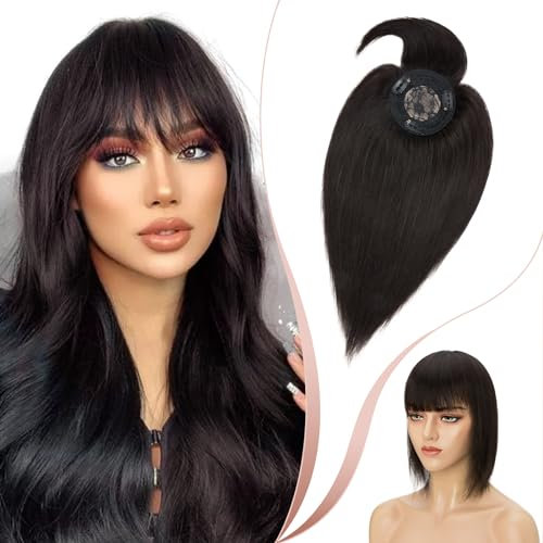 Elailite Haarteil Echthaar Topper Toupet Frauen Pony MONO 150% Dichte Clip in Extensions Haarverlängerung Remy Glatt 18 45cm 45g #1B Natürliches Schwarz