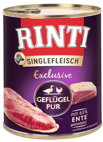 Rinti - Singlefleisch Exclusive | Nassfutter mit 100% Geflügel für Sensible, ausgewachsene Hunde. Alleinfutter in der Dose ohne Getreide und künstliche Zusätze | 6x800g Geflügel Pur