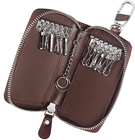 Foonii Portachiavi in Pelle, Borsellino per Donna e Uomo, Borsa Unisex Portafoglio Chiave Auto Con 12 Gancio (Marrone)