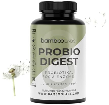 Bamboo Labs - 120 Gélules Probiotiques et Prébiotiques Intestinaux qui Renforcent le Système Digestif et Microbiote Intestinal, 3 Souches avec +12 Milliards d’UFC + Complexe d’Enzymes Digestives