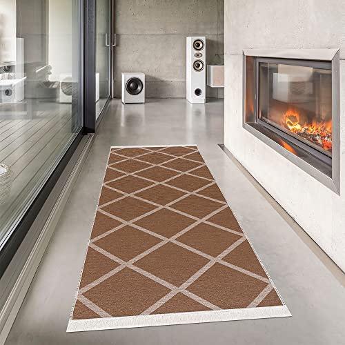 Pasha Home Teppich Läufer 80x300 cm Brüksel/Teppich für Wohnzimmer, Schlafzimmer, Küche, Bad, Kinderzimmer/Boho Teppich aus Baumwolle/Teppich Boho Style wendbar/Teppich Läufer braun-beige