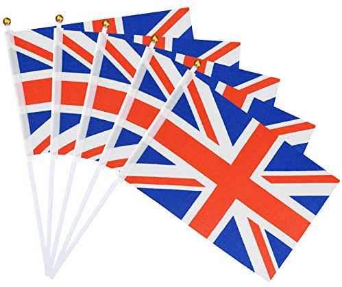 Paezm 20 Stück kleine britische Union Jack Flaggen Sticks 21 x 14 cm – Mini-Handflaggen auf Stäbchen für Outdoor-Königin-Jubiläumsparty, Nationalparade, Feiern, Dekorationen (Union Jack-Flagge)